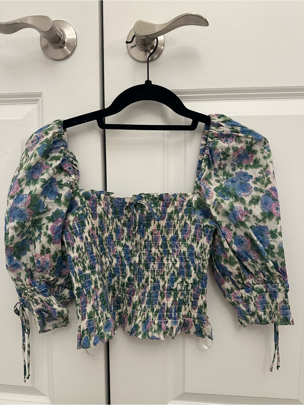 For Love & Lemons Blue & Green Floral Smocked Puff-Sleeve Crop Top